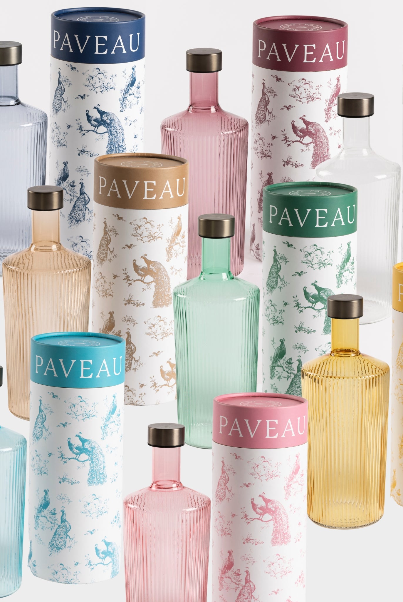 8 Paveau Wasserflaschen aus Glas in 8 Farben und 8 edle Paveau Wasserflaschen Verpackungen von Paveau