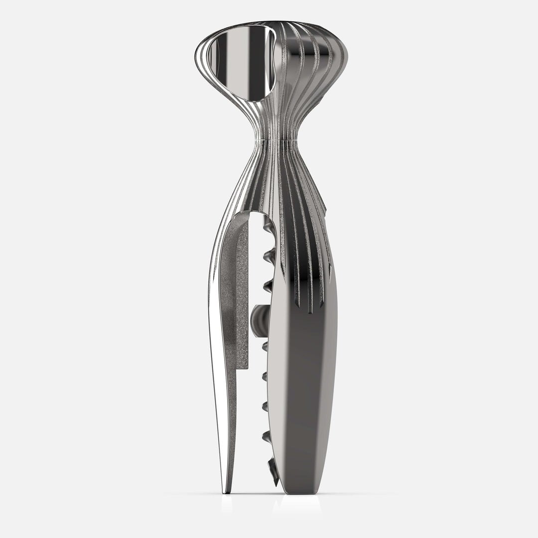 Seitenansicht links des Korkenziehers SCREW aus Edelstahl, hergestellt von O-LYFE.