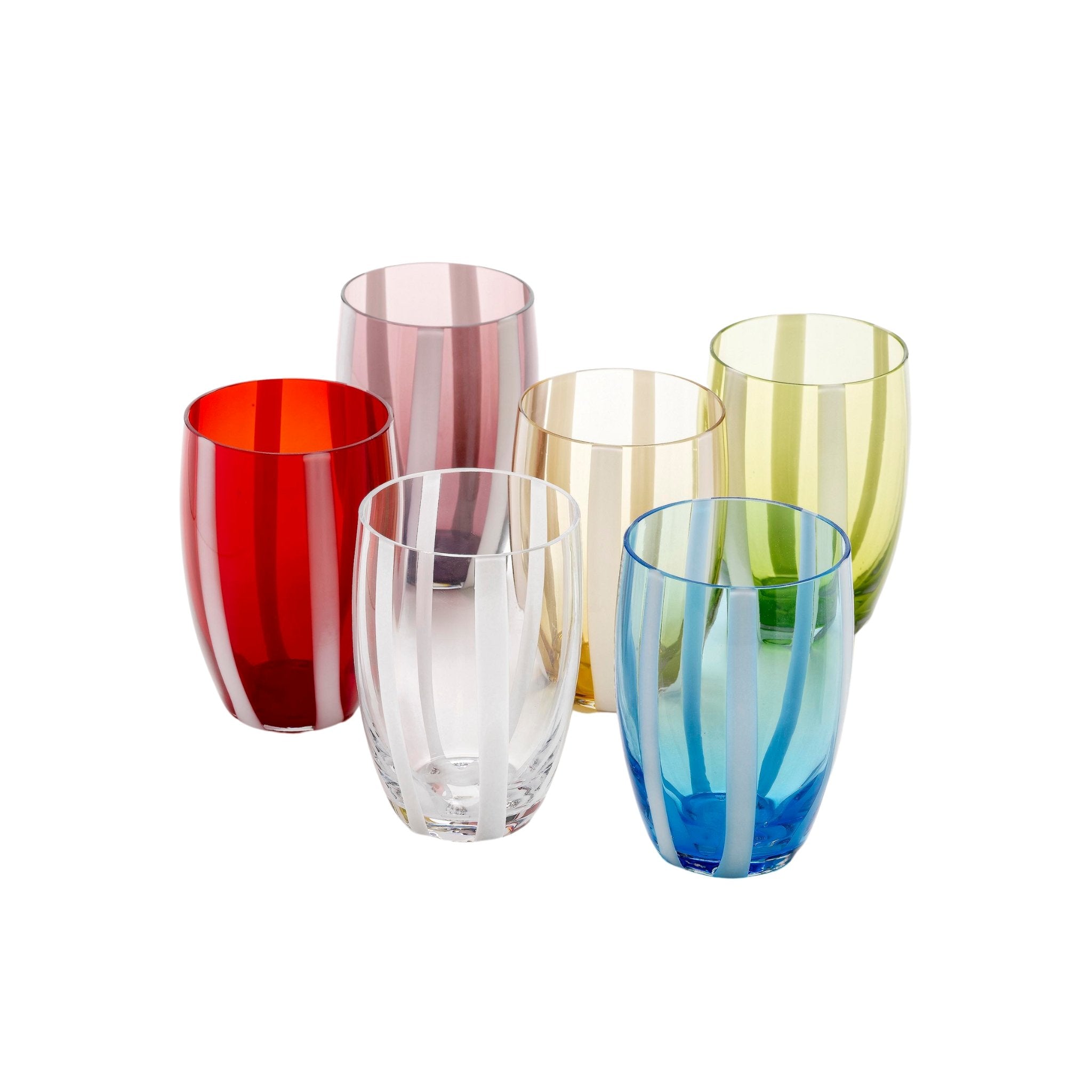 Trinkgläser mit weißen Streifen in den Farben rot, amethyst, aqua, blau, apfelgrün und transparent