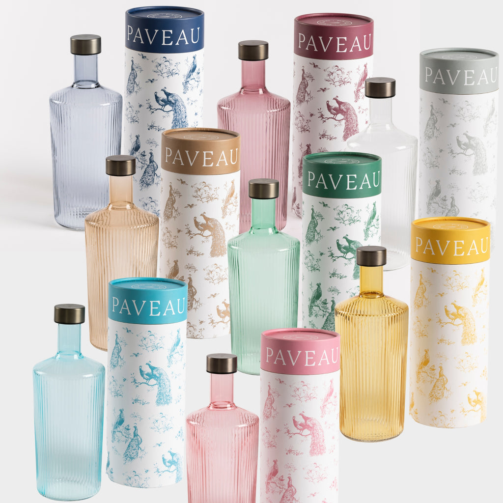 8 Paveau Wasserflaschen aus Glas in 8 Farben und 8 edle Paveau Wasserflaschen Verpackungen von Paveau