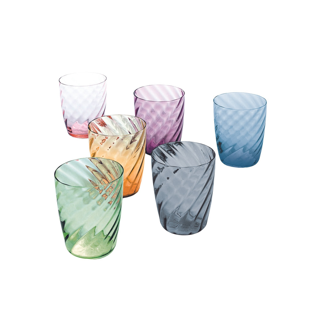 Trinkgläser in den Farben pink, amethyst, blau, royalblau, apfelgrün, grau und transparent