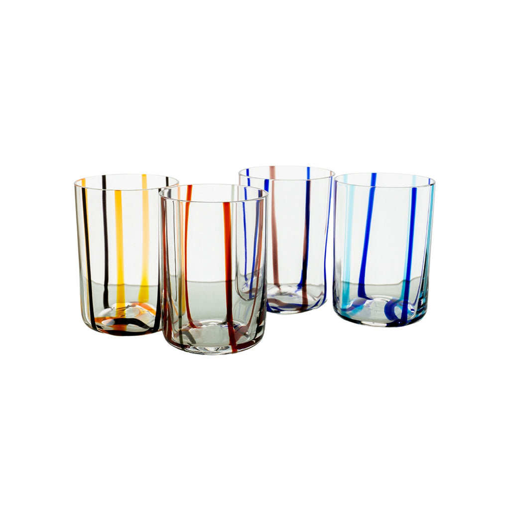 Trinkgläser in transparent mit bunten Streifen in amthyst/blau, Rot/grau, schwarz/orange und aqua/blau