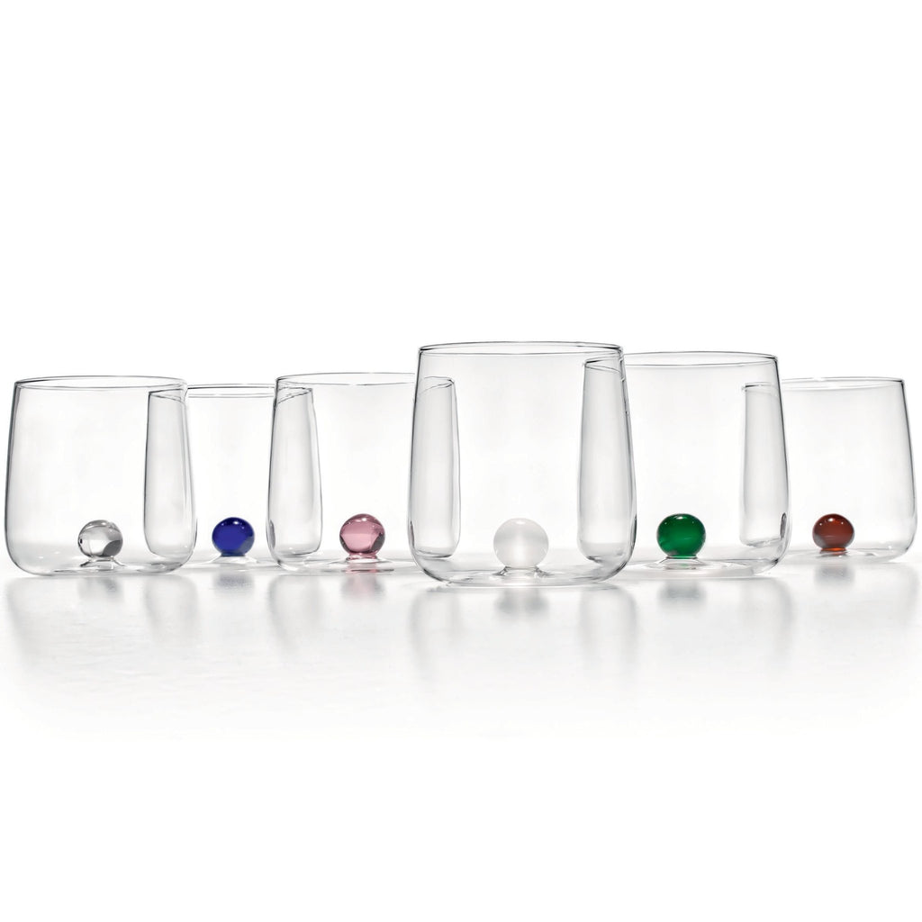 Trinkgläser transparent mit Murmel in der Mitte vom Glasboden in den Farben amber, blau, pink, weiß, transparent und grün