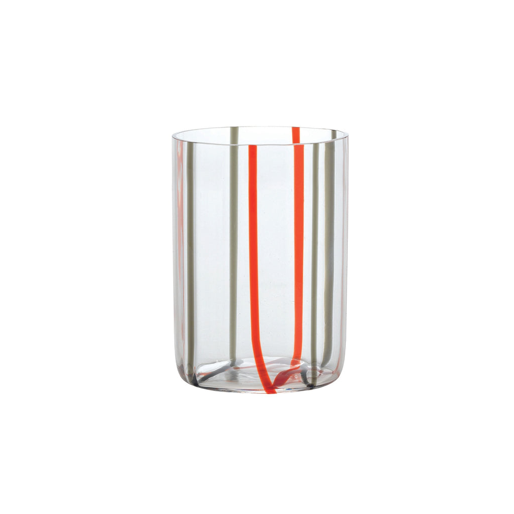 Trinkglas transparent mit rot und grauen Linien