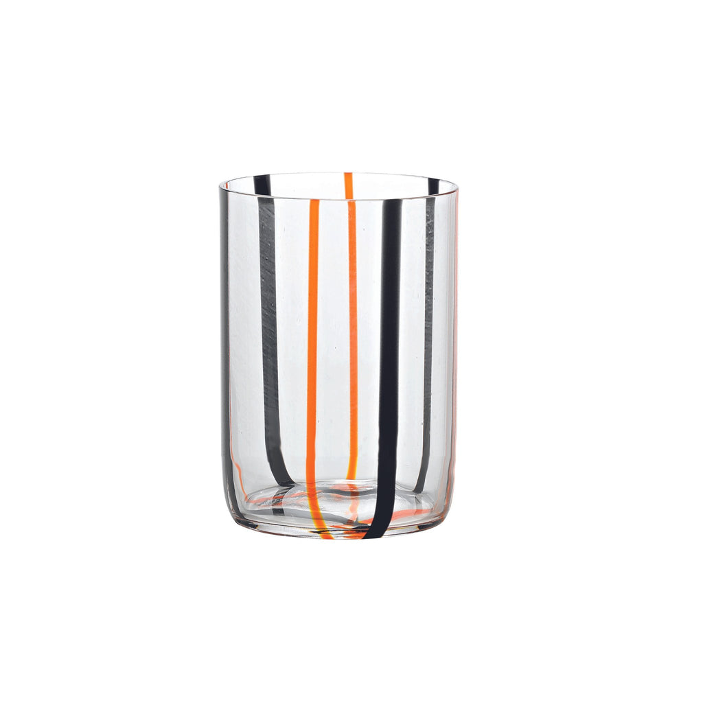 Trinkglas transparent mit schwarz und orangenen Linien